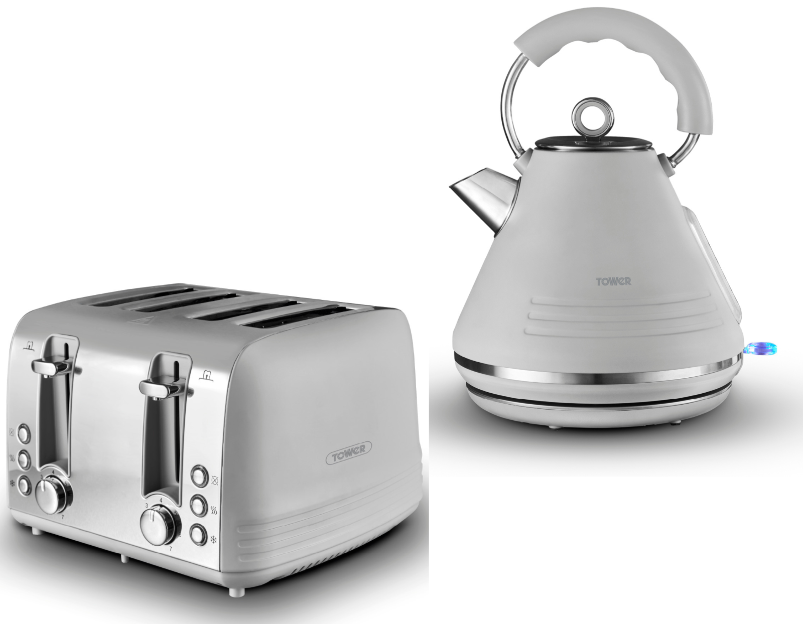 Tower Ash Grey Chrome 1.7L 3KW Pyramid Kettle 4 Slice Toaster Contemporary Set