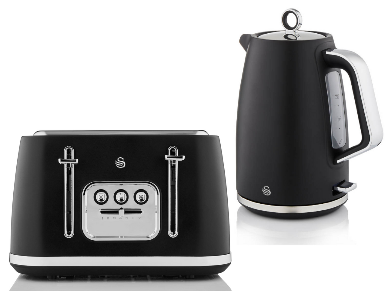 Swan Serenity 1.7L 3KW Kettle & 4 Slice Toaster Set in Matt Black Finish with Chrome Trim