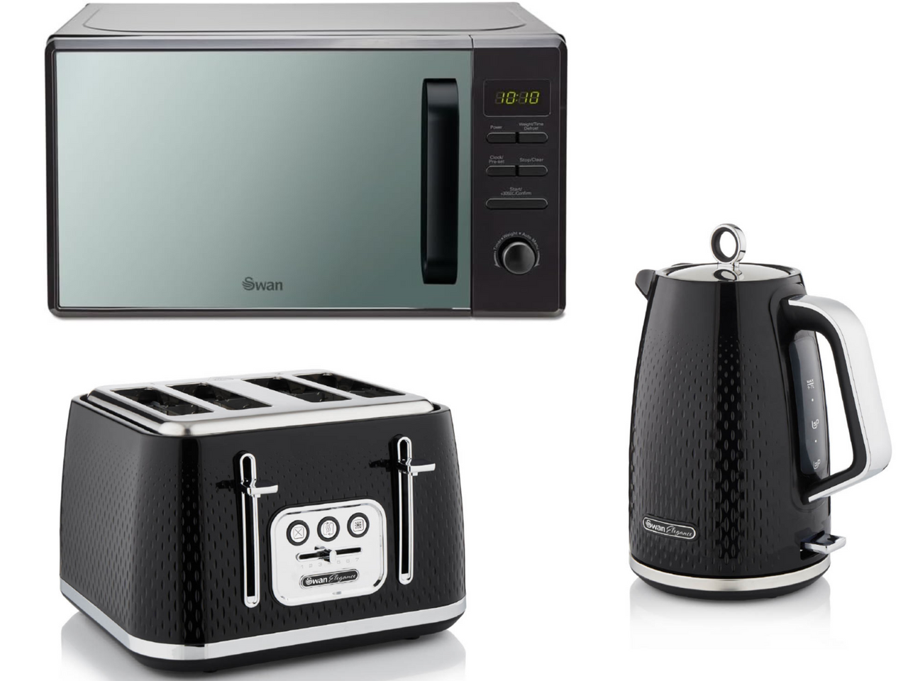 Swan Elegance 1.7L 3KW Kettle, 4 Slice Toaster & 800W 20L Digital Microwave Matching Set in Black