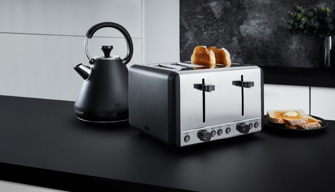 Tower Sera 1.7L 3KW Pyramid Kettle, 4 Slice Toaster, Canisters & Microwave Matching Kitchen Set in Black