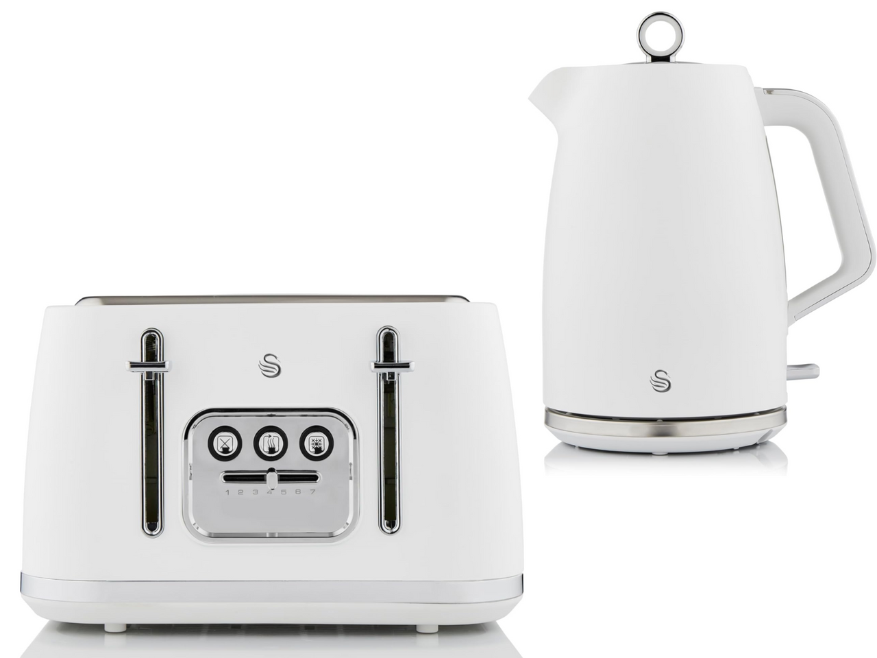 Swan Serenity 1.7L 3KW Kettle & 4 Slice Toaster Set Matt White Finish with Chrome Trim