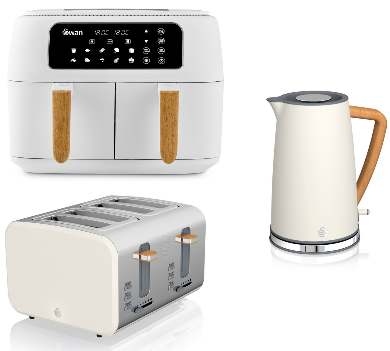 Swan Nordic White 1.7L Jug Kettle, 4 Slice Toaster & 8L Dual Basket 13-in-1 Air Fryer Matching Set