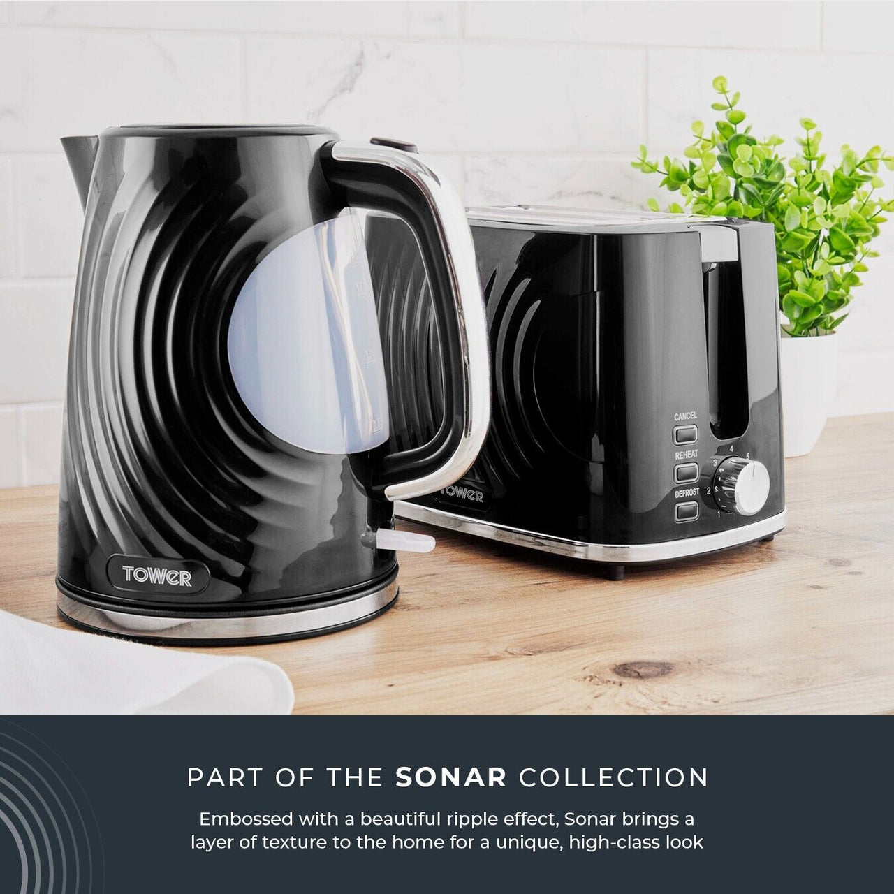 Tower Sonar Black 1.7L 3KW Kettle, 2 Slice Toaster & 800W 20L Digital Microwave Matching Set