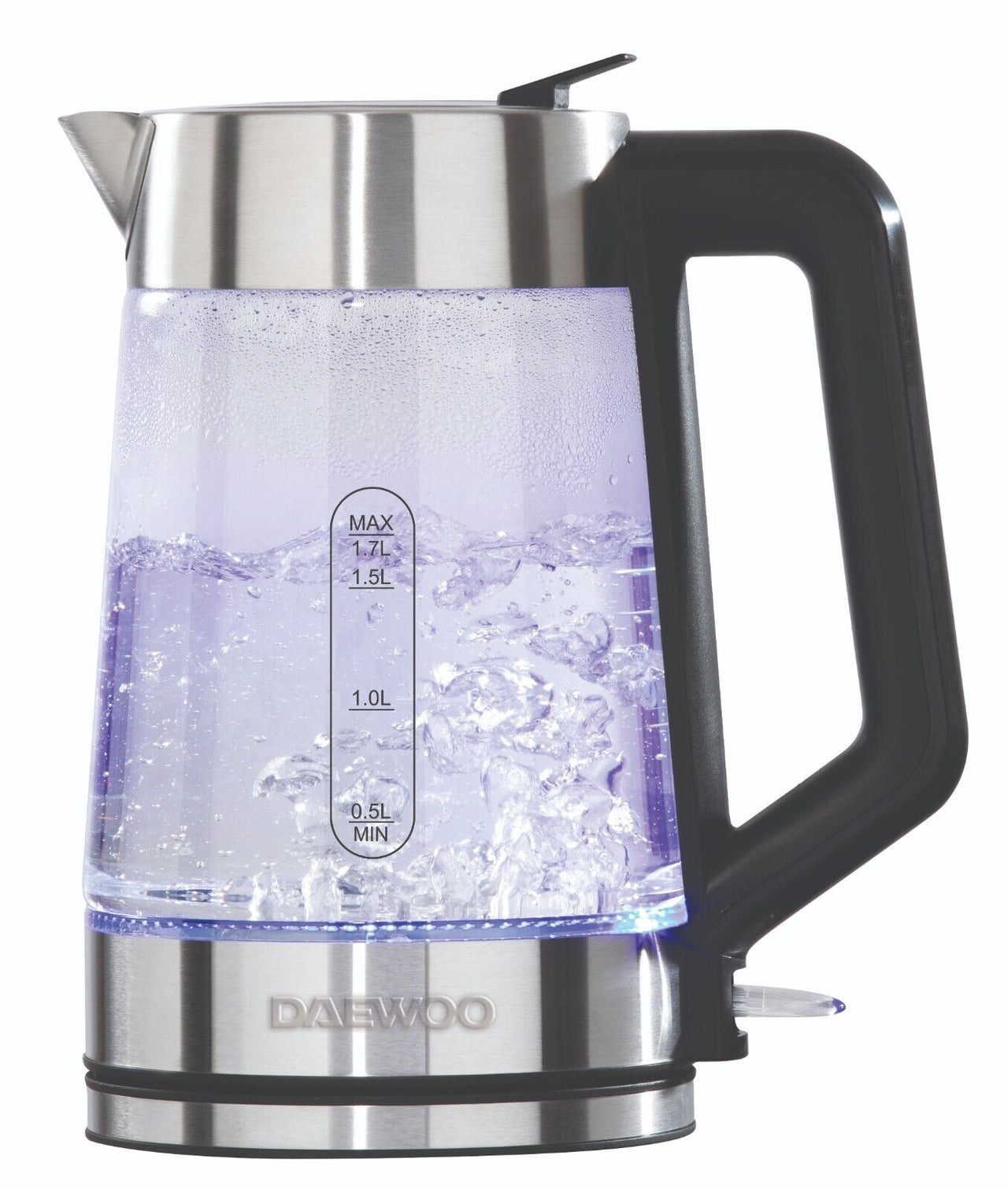 Daewoo Easy Fill LED Illuminating 1.7L 3KW Glass/Silver Kettle SDA2102GE