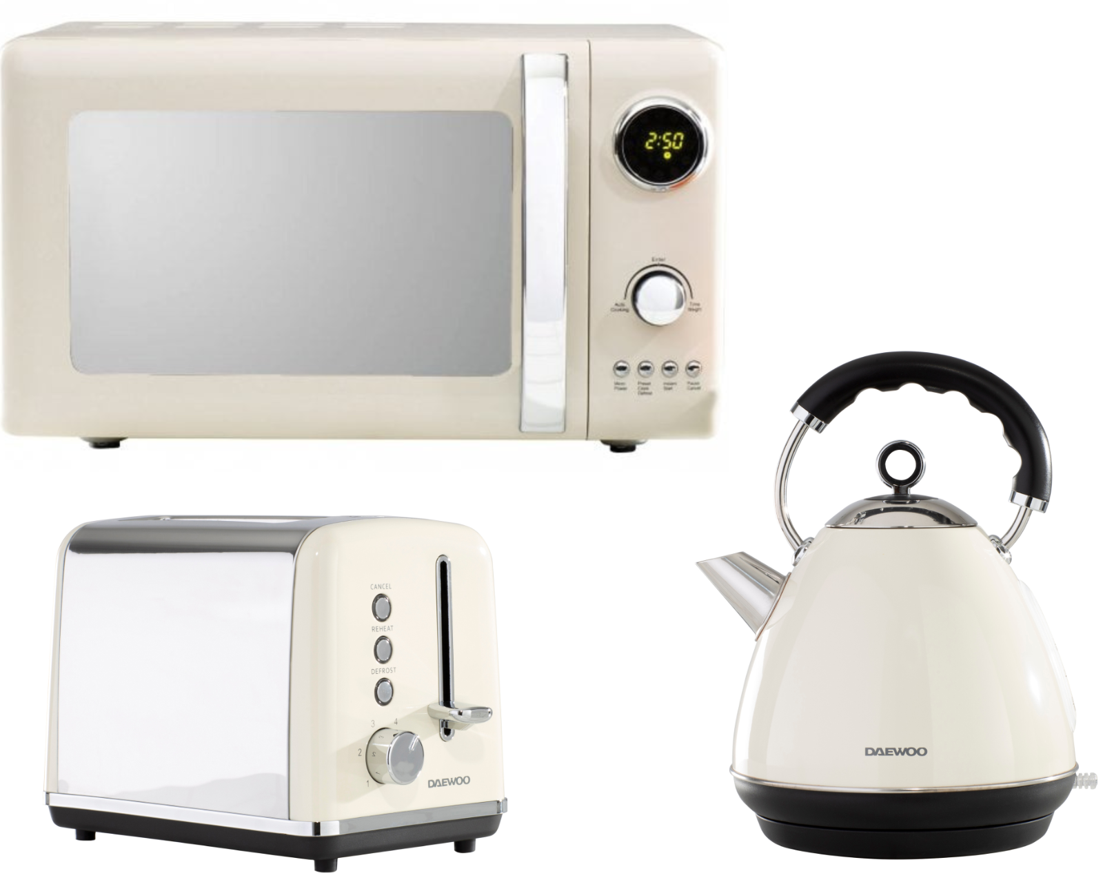 Daewoo Kensington Cream Pyramid Kettle 2 Slice Toaster & Microwave Set