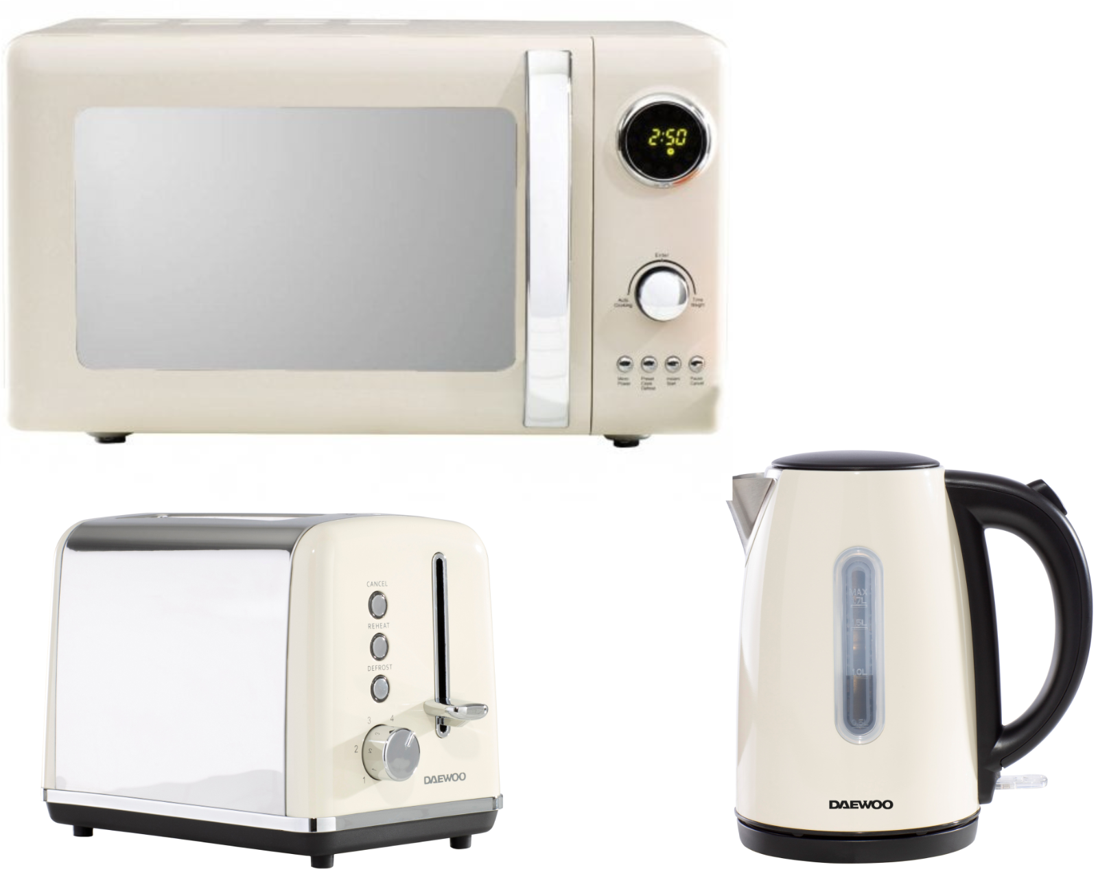 Daewoo Kensington Cream Jug Kettle, 2-Slice Toaster & Microwave Set