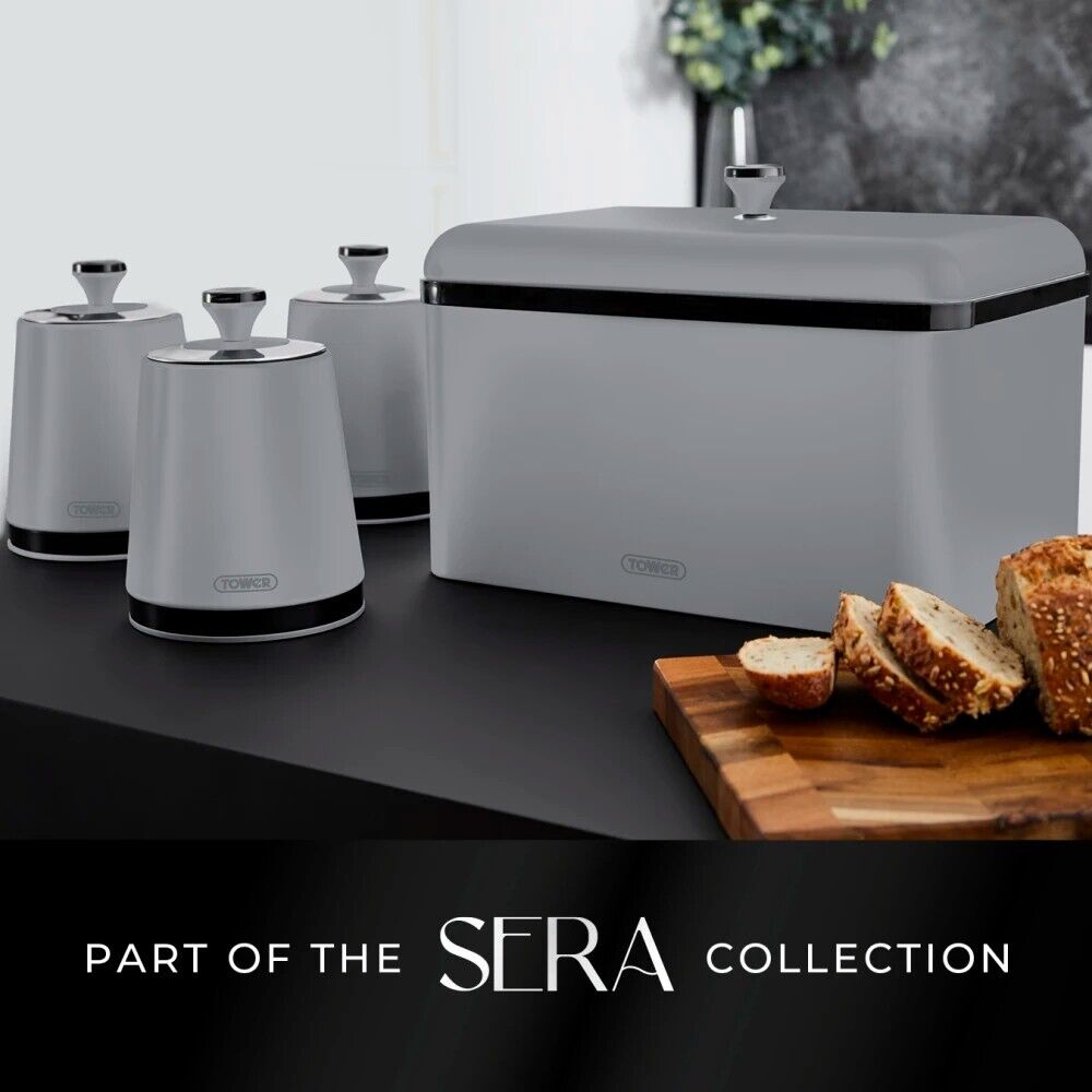 Tower Sera Breadbin & Tea Coffee Sugar Canisters Matching Kitchen Storage Set in Grey with Smoked Black Trim