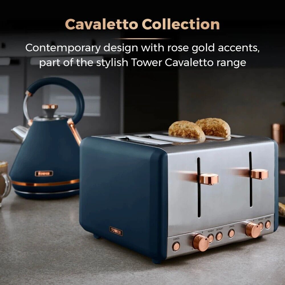 Tower Cavaletto Midnight Blue & Rose Gold 1.7L 3KW Pyramid Kettle, 4 Slice Toaster, 800W 20L Microwave, Bread Bin & Canisters Matching Kitchen Set