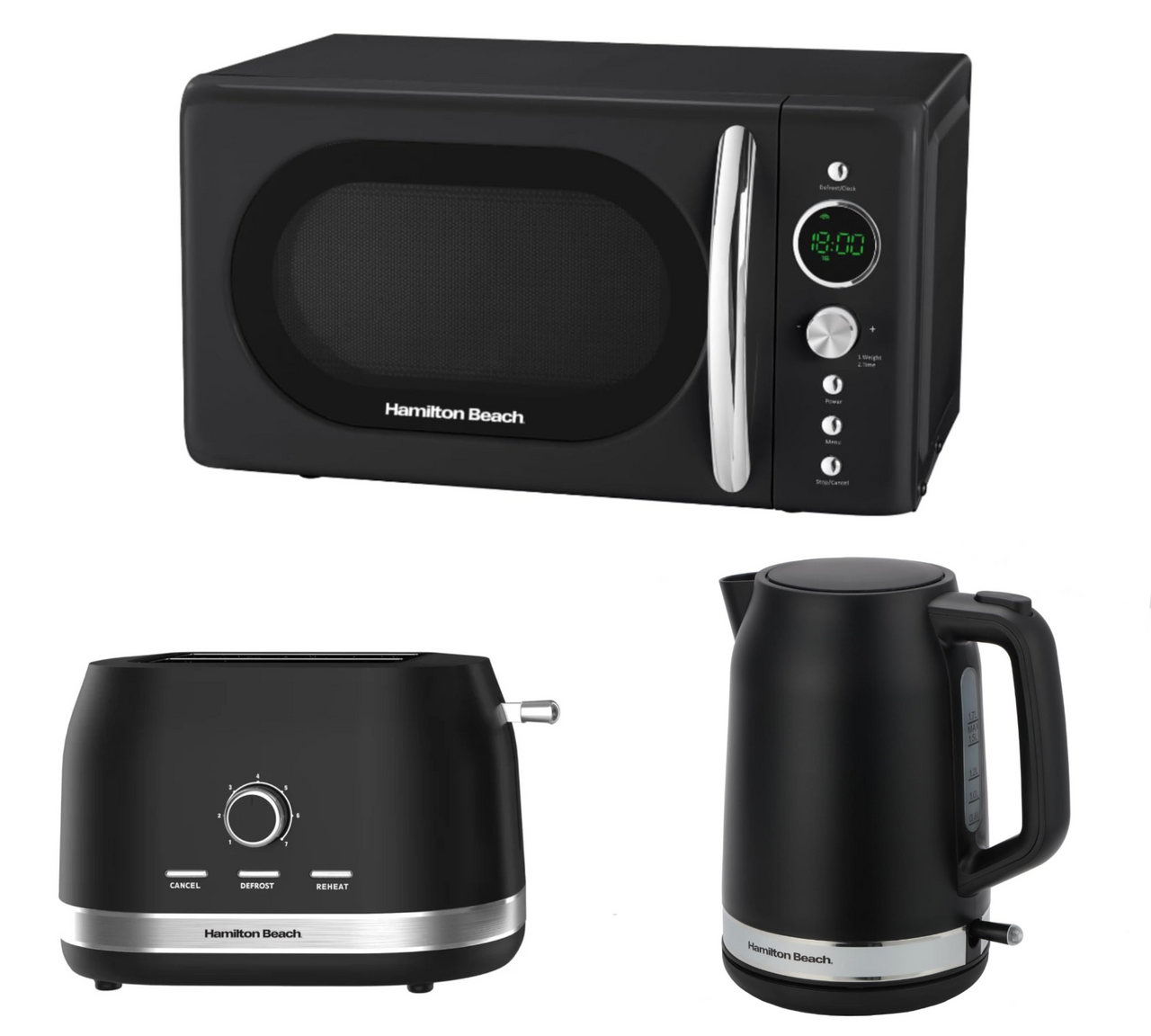 Hamilton Beach Ella 1.7L Kettle, 2 Slice Toaster & 700W 20L Retro Microwave. Modern Matching Set in Matte Black.