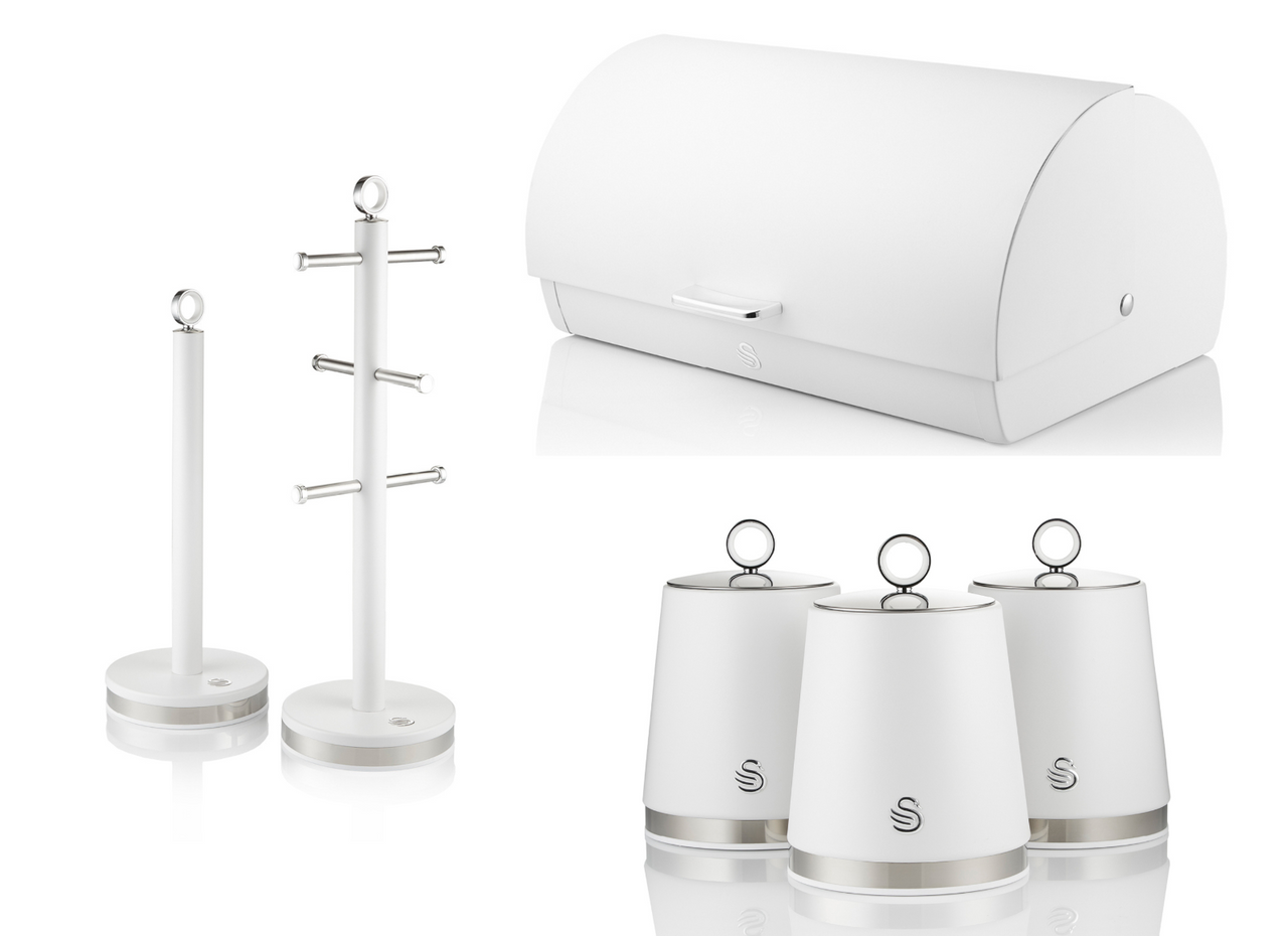 Swan Serenity Bread Bin, Tea, Coffee, Sugar Canisters, Mug Tree & Towel Pole in White with Polished Stainless Steel Accents