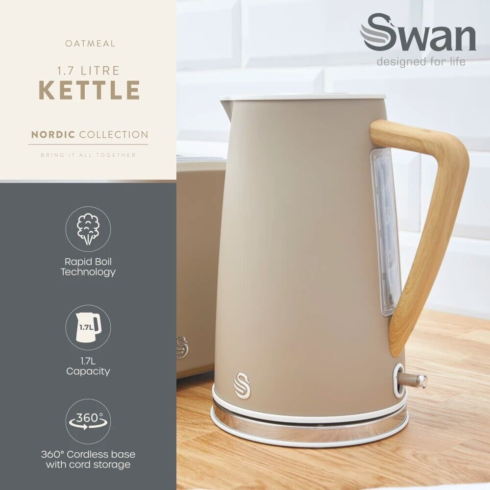 Swan Nordic 1.7L 3KW Kettle & 4 Slice Toaster in Oatmeal Colour. Scandinavian Minimalist Desig