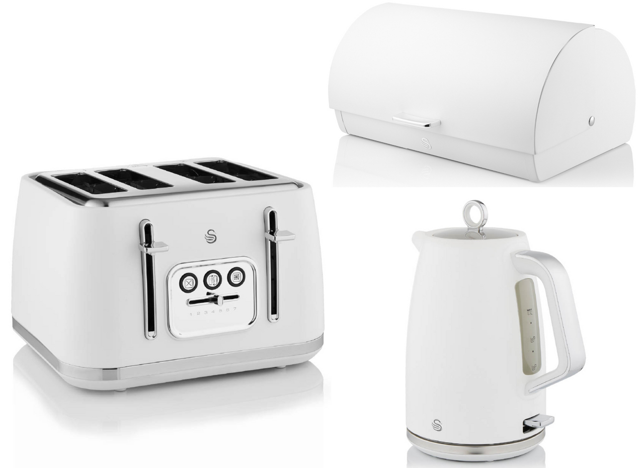 Swan Serenity White 1.7L 3KW Kettle, 4 Slice Toaster, Bread Bin. Matching Kitchen Set in White