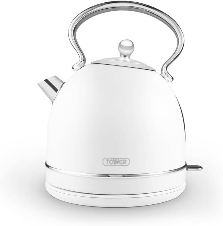 Tower Heritage White 1.7L 3KW Dome Kettle In White & Chrome