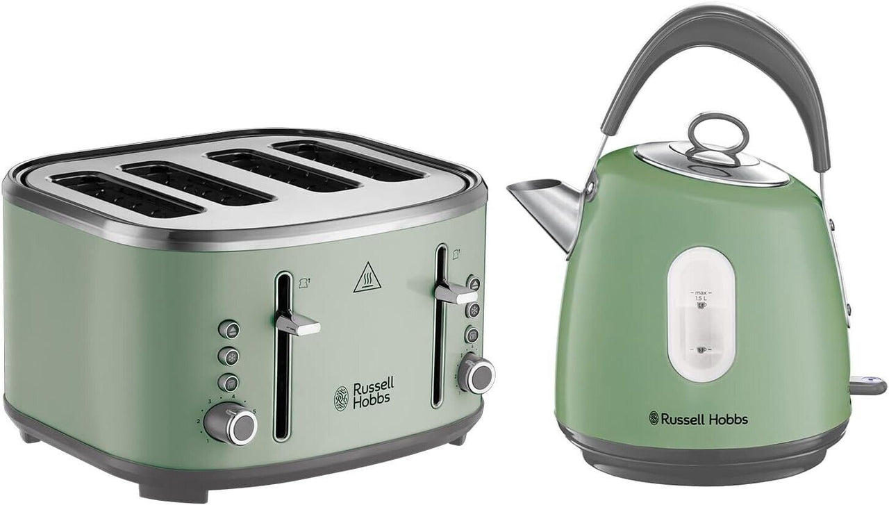 Russell Hobbs Stylevia Sage 1.5L Kettle & 4 Slice Toaster Matching Set in Green