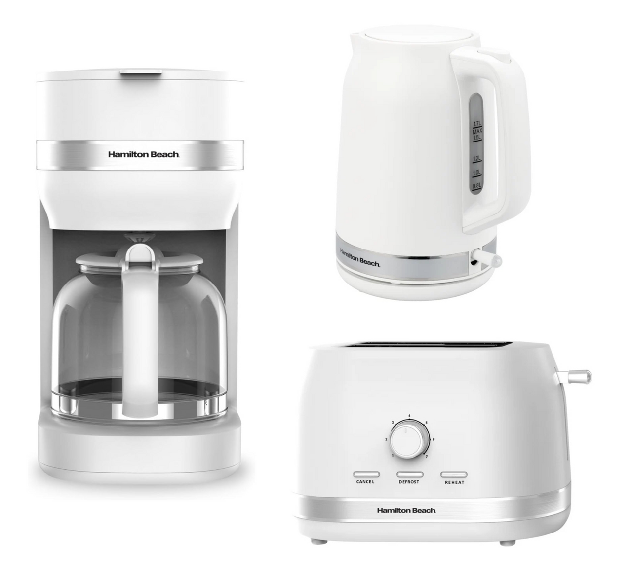 Hamilton Beach Ella 1.7L Kettle, 2 Slice Toaster & 1.5L Filter Coffee Machine Modern Matching Set in Matte White