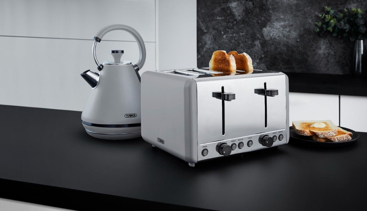 Tower Sera Grey 1.7L 3KW Pyramid Kettle, 4 Slice Toaster, Canisters plus 800W 20L Renaissance Microwave Matching Kitchen Set