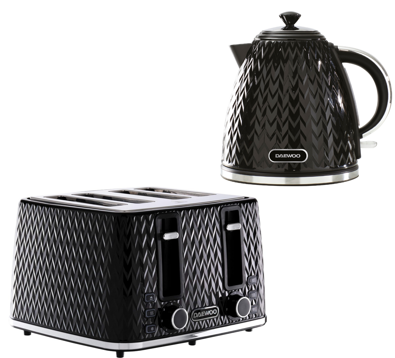 Daewoo Argyle Black Jug Kettle & 4 Slice Toaster Matching Kettle & Toaster Set with Patterned Design