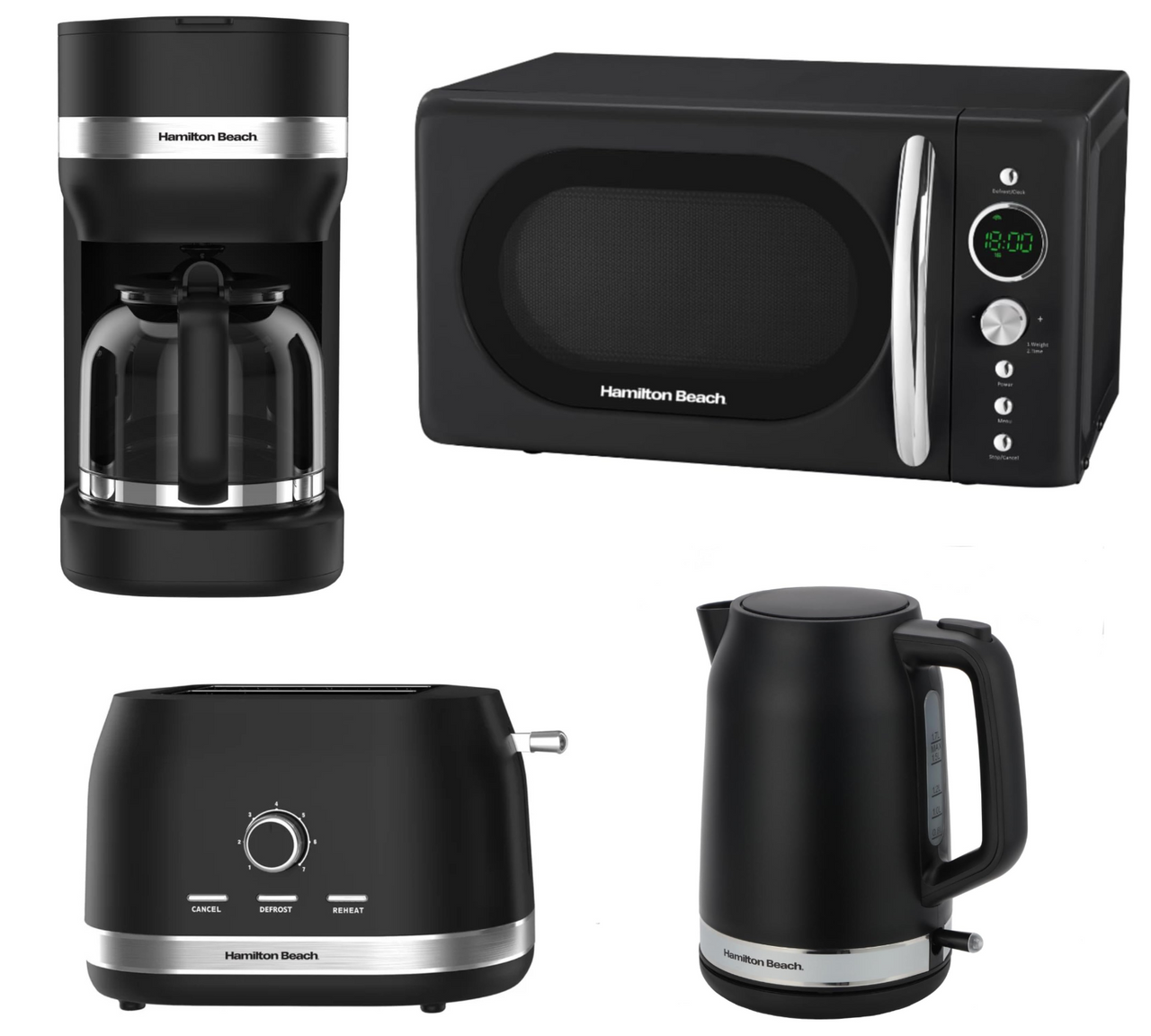 Hamilton Beach Ella 1.7L Kettle, 2 Slice Toaster, 700W 20L Microwave & 1.5L Filter Coffee Machine Modern Matching Set in Matte Black