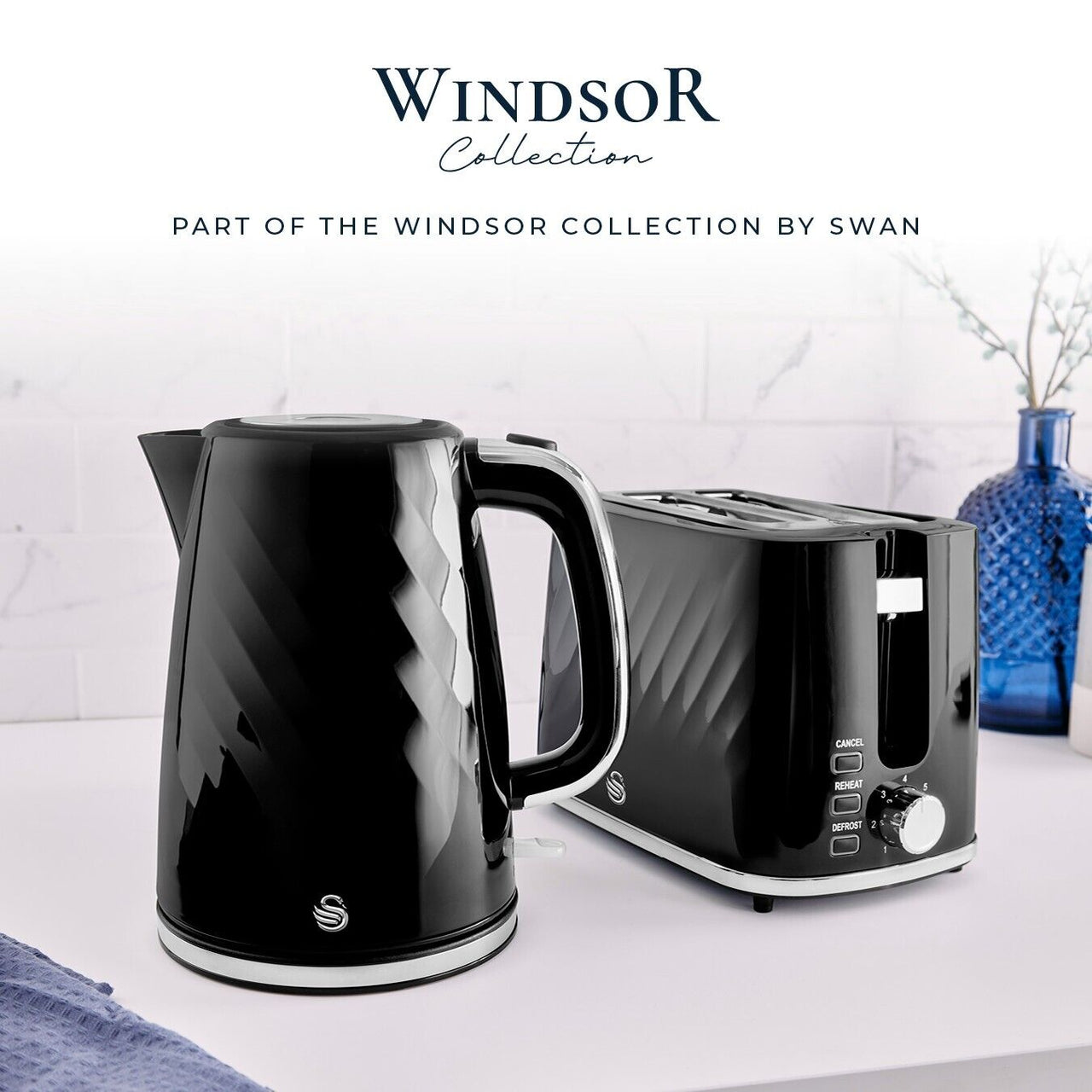 Swan Windsor Black 1.7L 3KW Kettle, 2 Slice Toaster & 800W 20L Digital Microwave Matching Set