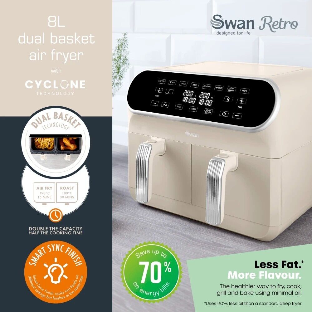 Swan Retro Cream 8L Dual Basket Air Fryer SD10519C