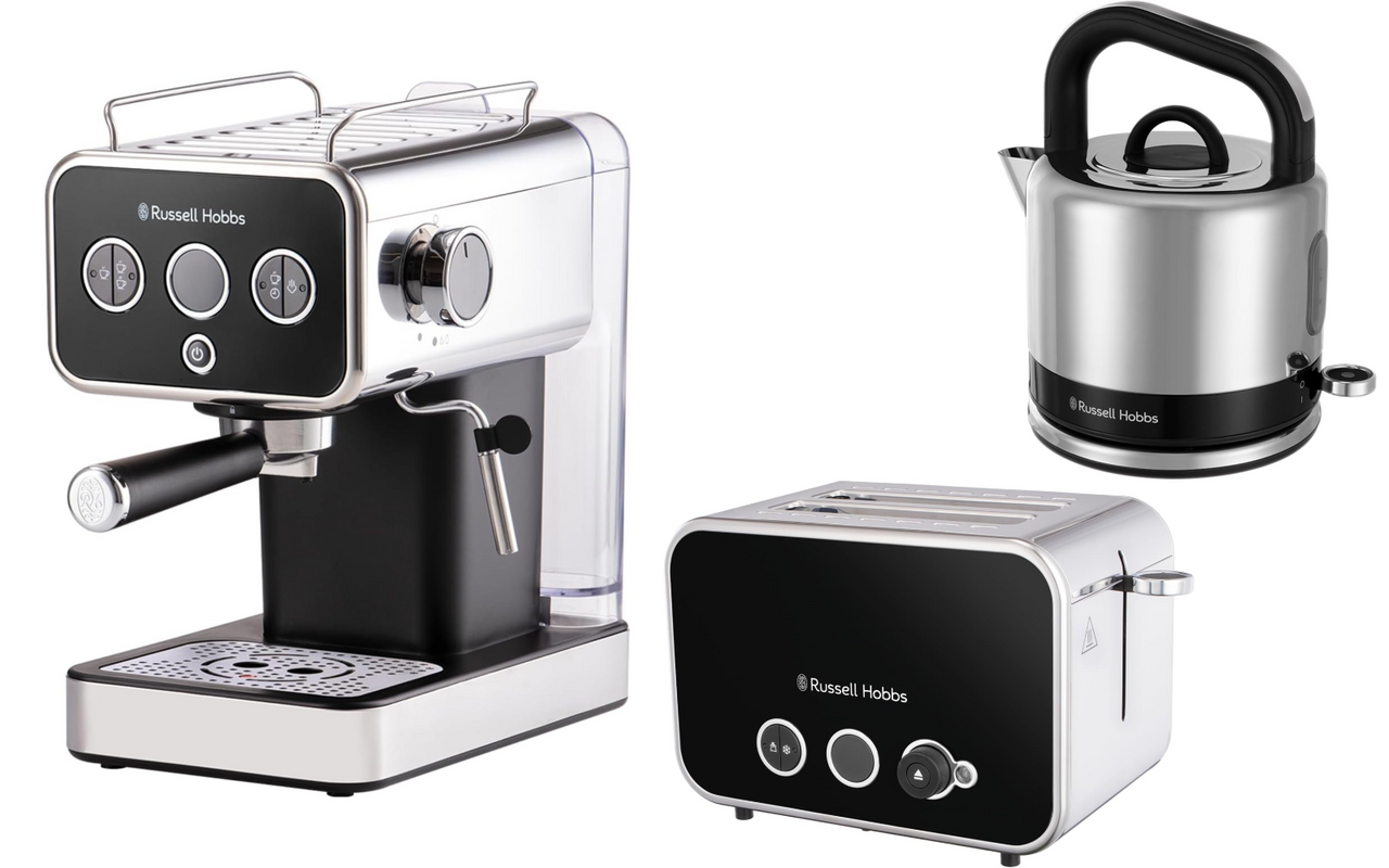 Russell Hobbs Distinctions Black 1.5L 3KW Kettle, 2 Slice 1600W Toaster & Espresso Coffee Machine Matching Set