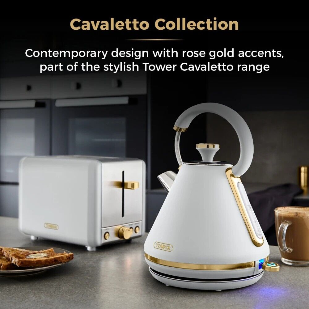 Tower Cavaletto White 1.7L 3KW Pyramid Kettle, 2 Slice Toaster, 20L 800W Microwave, Bread Bin, Canisters, Mug Tree & Towel Pole. Matching Set of 9