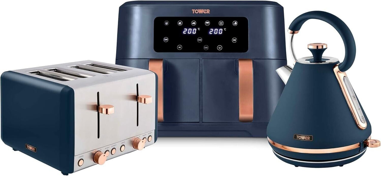 Tower Cavaletto 1.7L 3KW Pyramid Kettle, 4 Slice Toaster & 8L Dual Basket Air Fryer Matching Set in Midnight Blue & Rose Gold