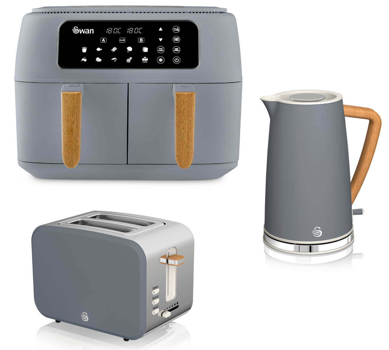 Swan Nordic Grey 1.7L Jug Kettle, 2 Slice Toaster & 8L Dual Basket 13-in-1 Air Fryer Matching Set