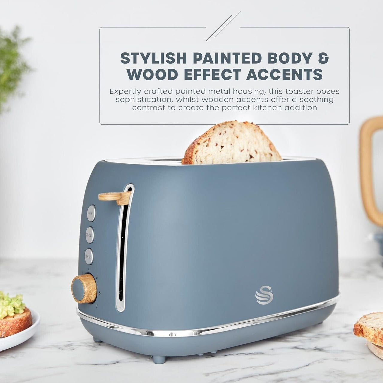 Swan Fjord 2 Slice Toaster Scandinavian Inspired Design in Grey/Wooden Accents