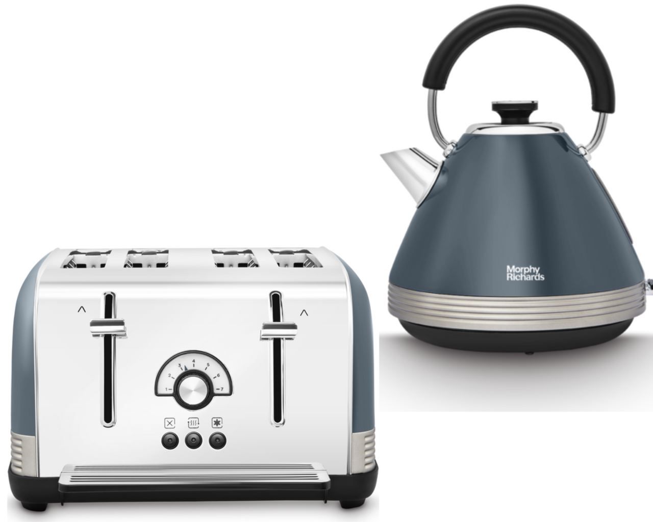 Morphy Richards Venture Retro Basalt 1.5L 3KW Pyramid Kettle & 4 Slice Toaster. Elegant Matching Retro Style Set in Grey/Blue Colour