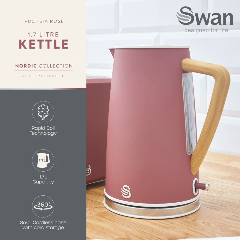 Swan Nordic 1.7L 3KW Kettle & 4 Slice Toaster in Fuchsia Rose. Scandinavian Minimalist Design Matching Kitchen Set