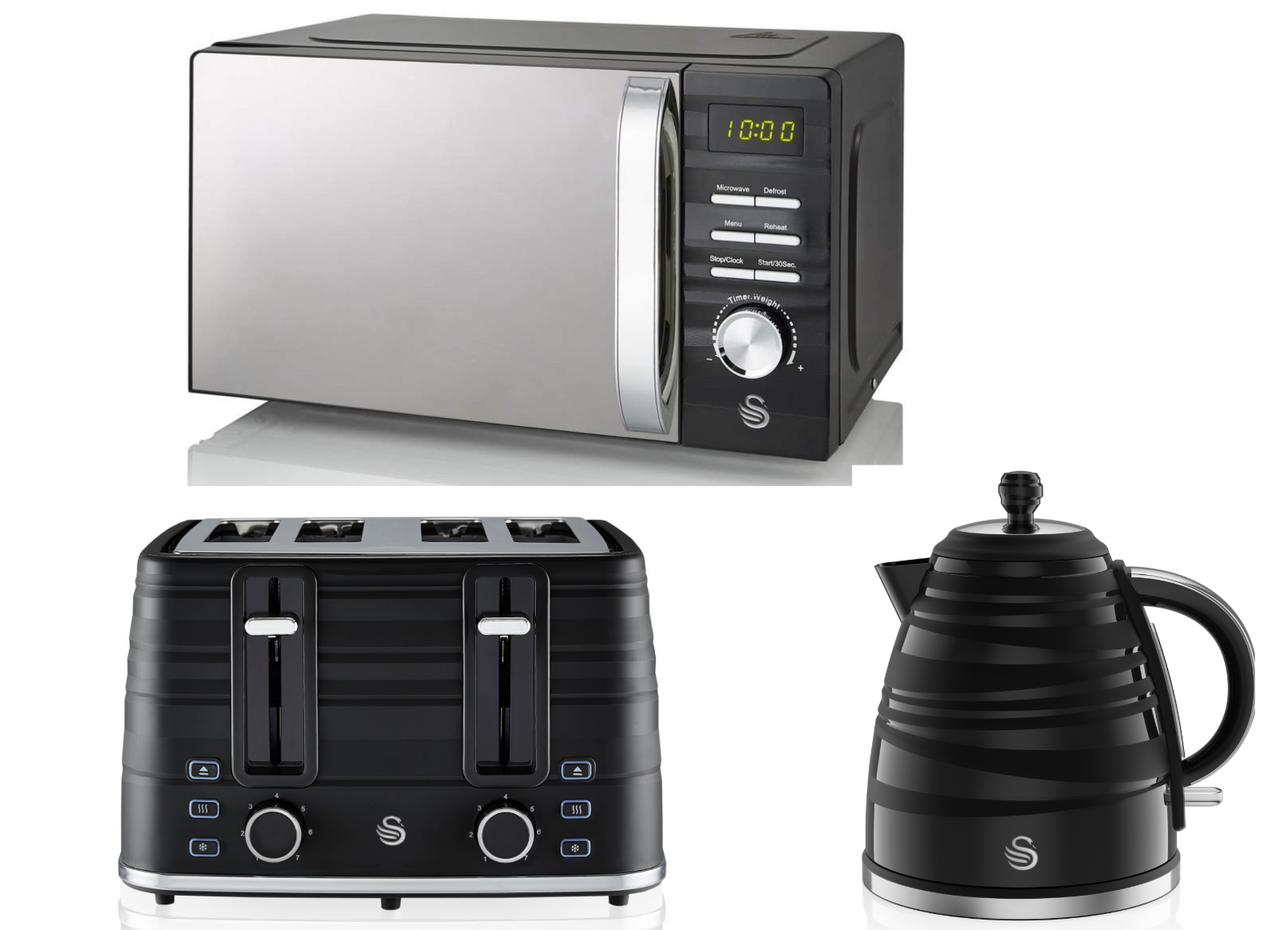 Swan Symphony Black 3KW 1.7L Kettle, 4 Slice Toaster & 700W 20L Digital Microwave Matching Kitchen Set