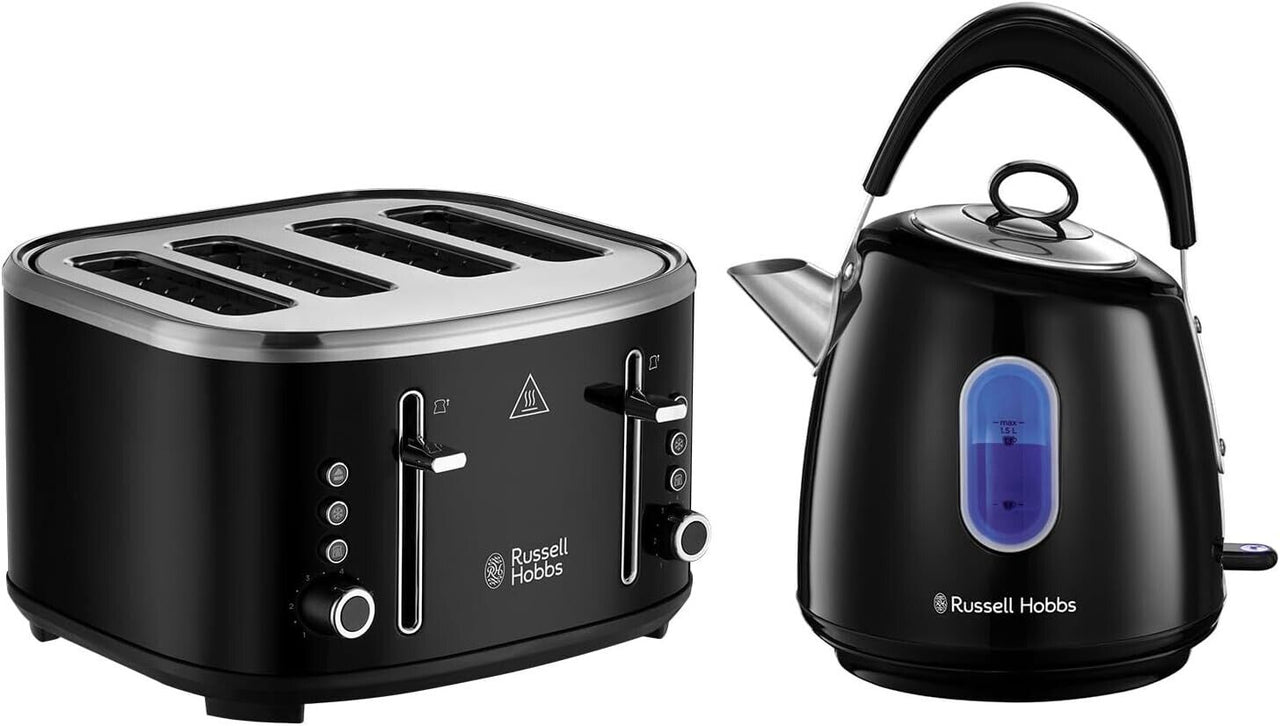 Russell Hobbs Stylevia Black 1.5L Kettle & 4 Slice Toaster Sleek Matching Set