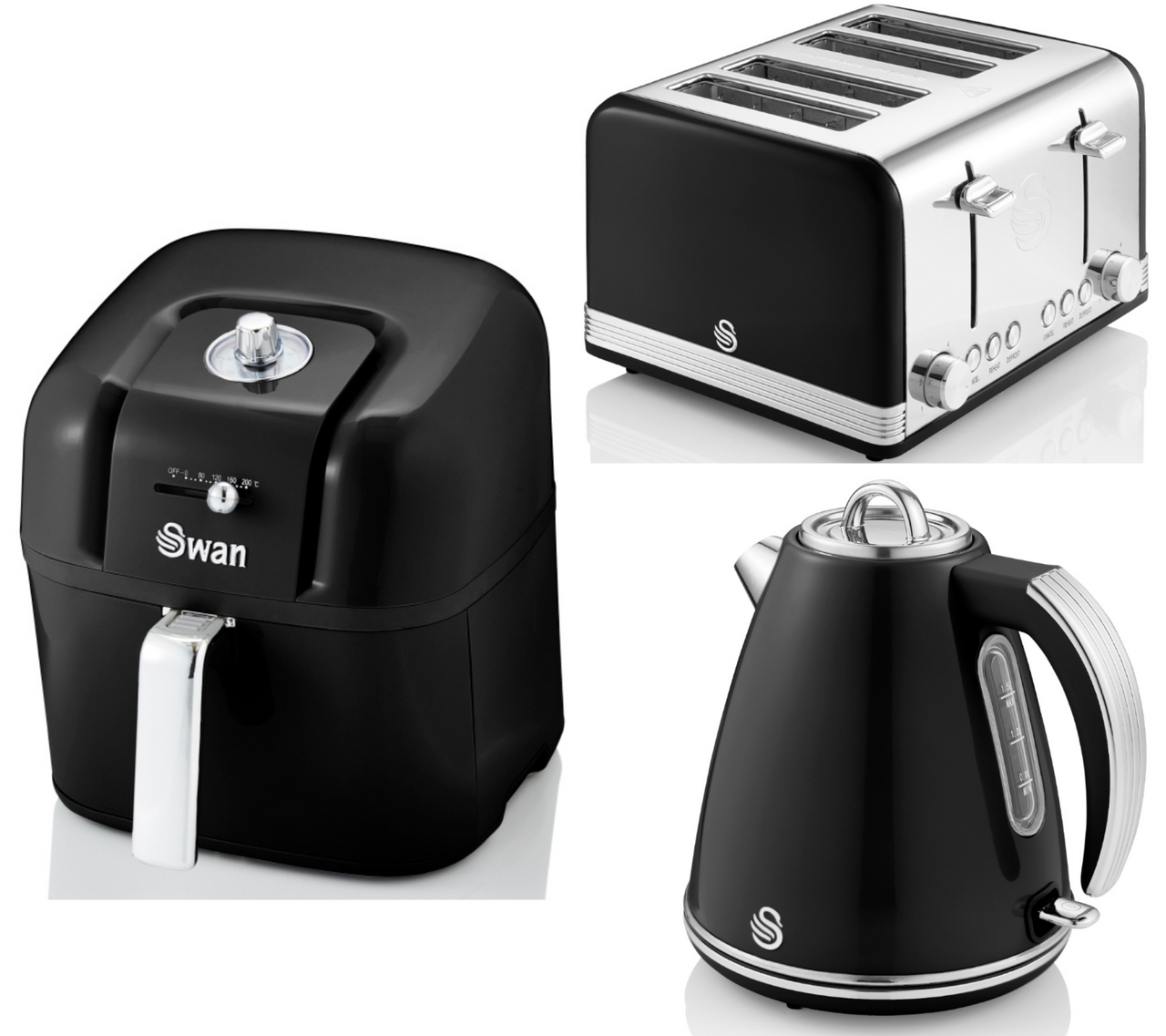 Swan Retro Black 1.5L 3KW Jug Kettle, 4 Slice Toaster & 6L Manual Air Fryer Set