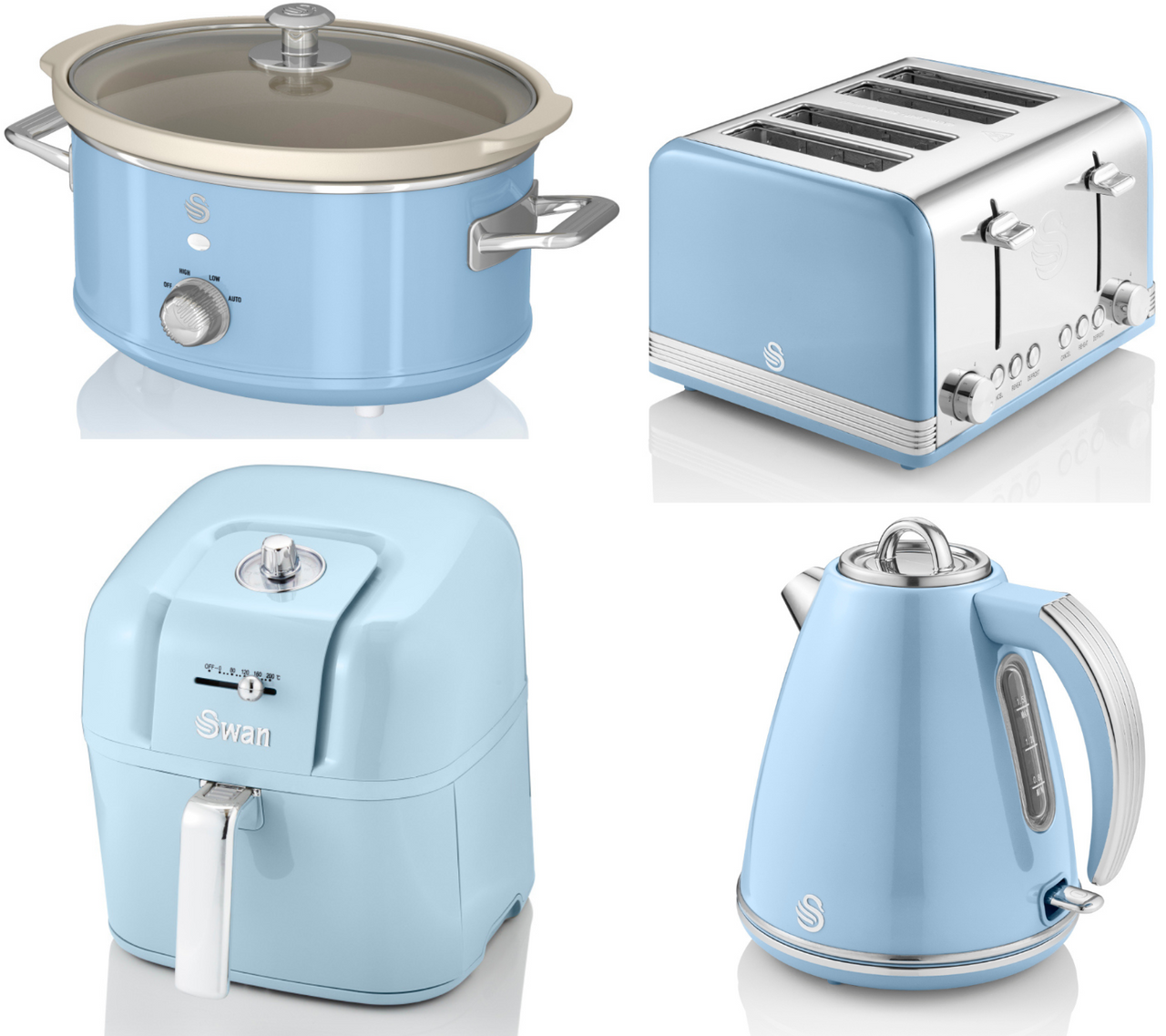 Swan Retro Blue 1.5L 3KW Jug Kettle, 4 Slice Toaster, 6L Air Fryer & 3.5L Slow Cooker Matching Kitchen Set