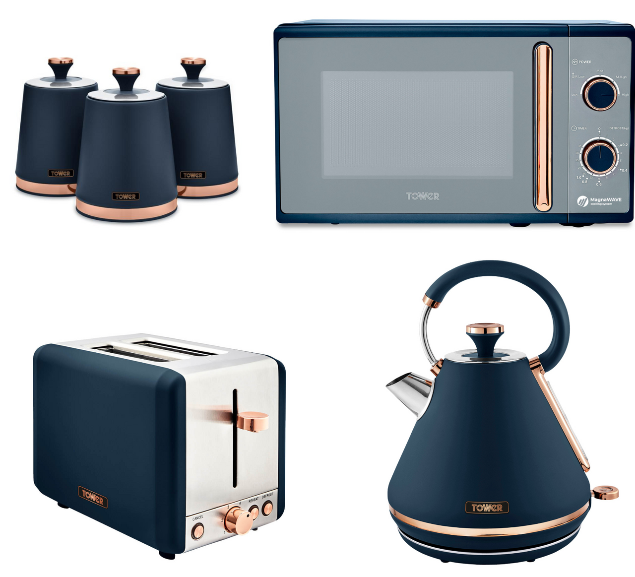 Tower Cavaletto Midnight Blue & Rose Gold Pyramid Kettle, 2 Slice Toaster, 800W 20L Microwave & Canisters Matching Set