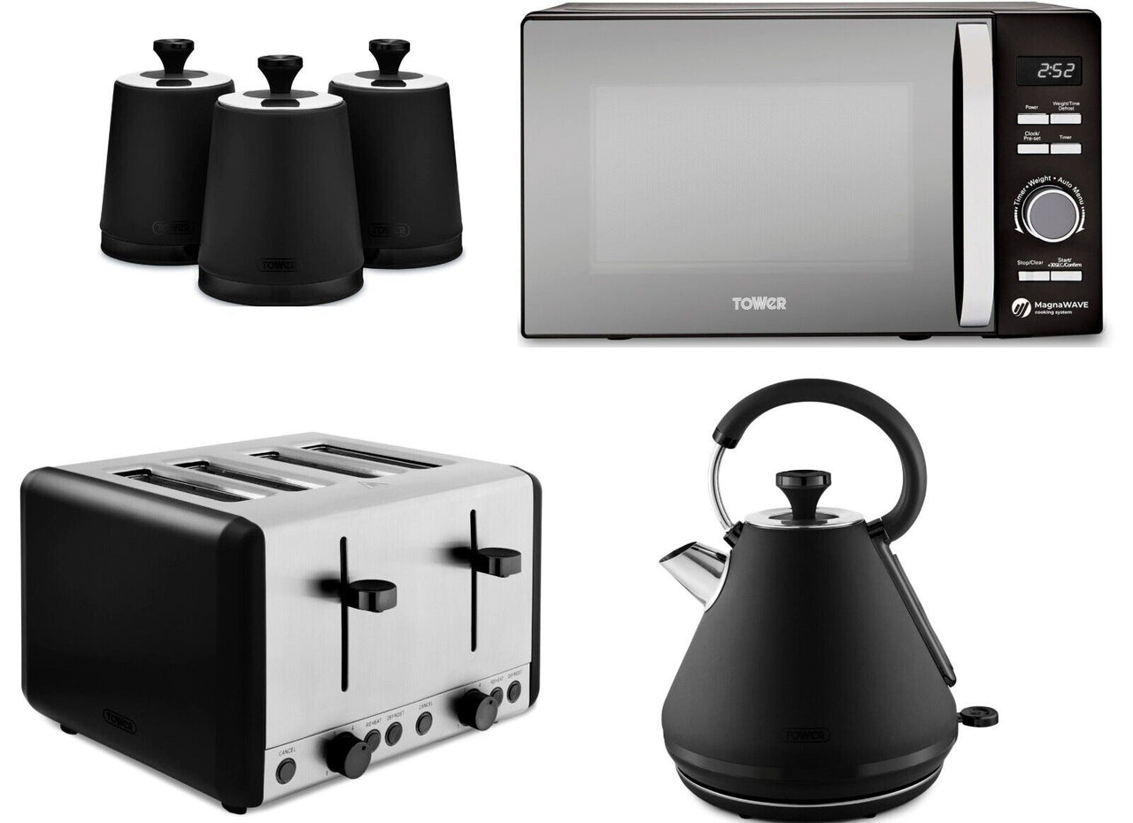 Tower Sera 1.7L 3KW Pyramid Kettle, 4 Slice Toaster, Canisters & Microwave Matching Kitchen Set in Black