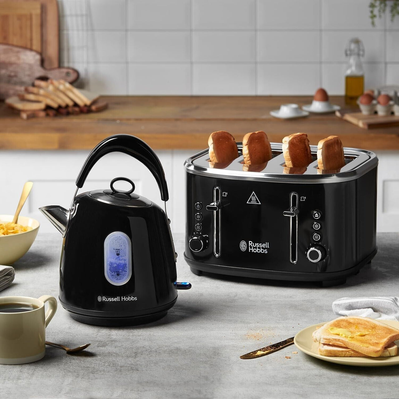 Russell Hobbs Stylevia Black 1.5L Kettle & 4 Slice Toaster Sleek Matching Set