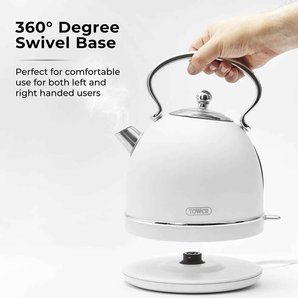 Tower Heritage White 1.7L 3KW Dome Kettle In White & Chrome