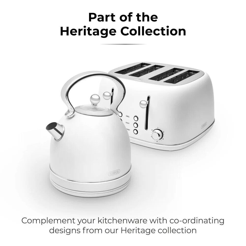 Tower Heritage White 1.7L 3KW Dome Kettle, 4 Slice Toaster & 20L 800W Manual Microwave Matching Kitchen Set