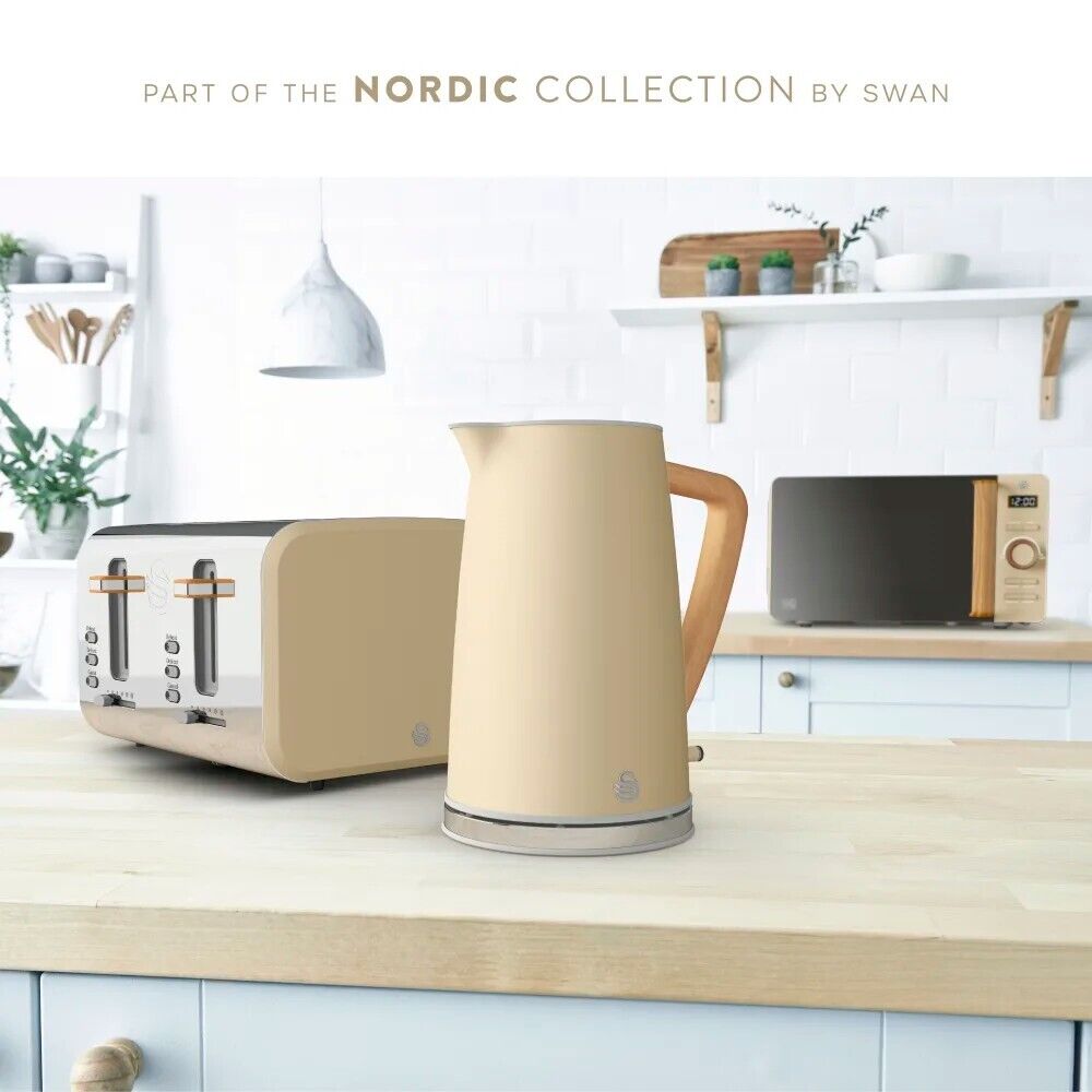 Swan Nordic 1.7L 3KW Kettle, 4 Slice Toaster, 800W 20L Microwave & 3.5L Slow Cooker in Oatmeal Colour. Scandinavian Minimalist Design Matching Kitchen Set