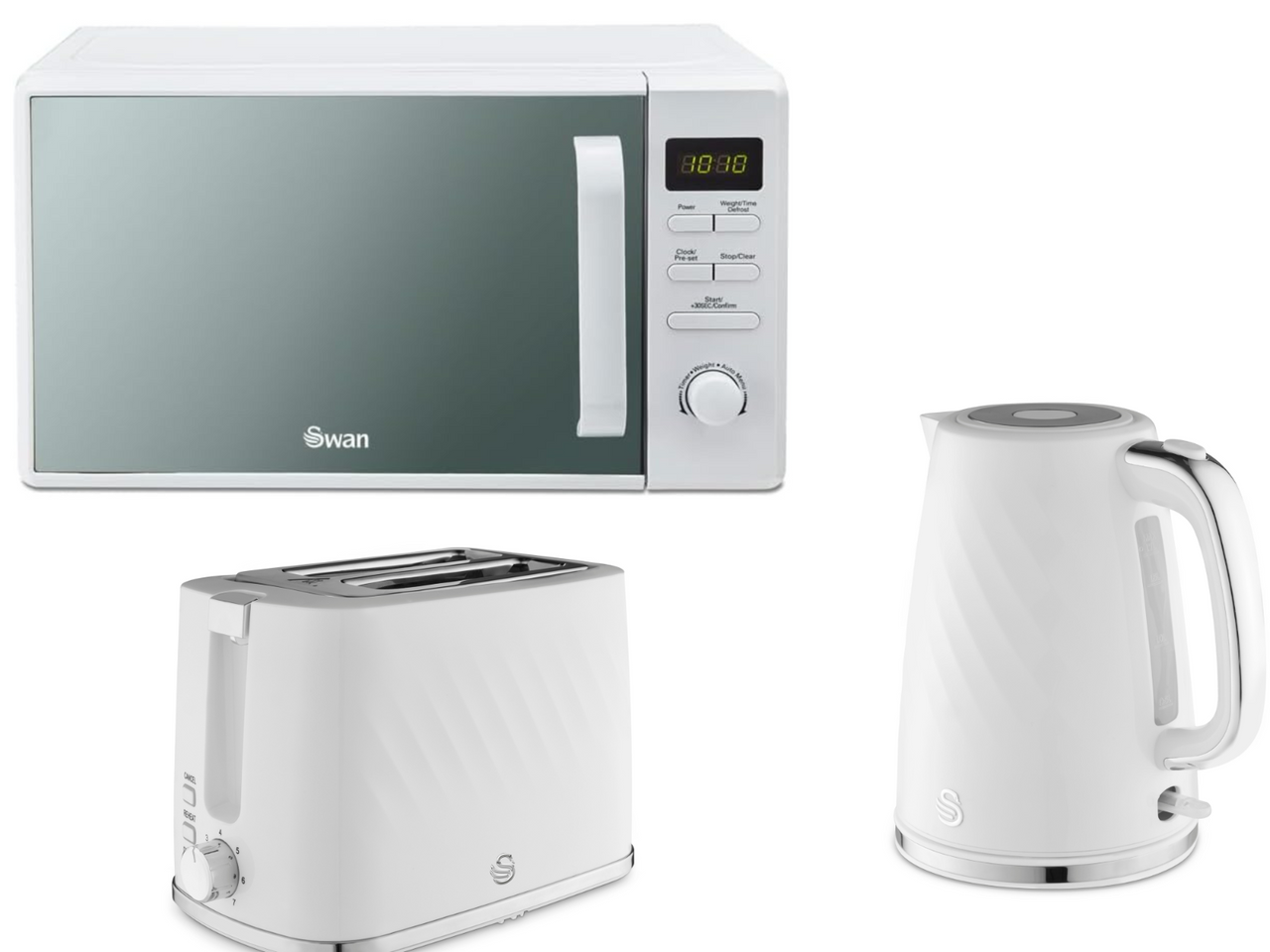 Swan Windsor White 1.7L 3KW Kettle, 2 Slice Toaster & 800W 20L Digital Microwave Matching Set