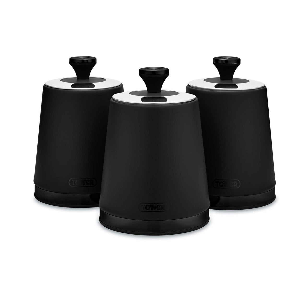 Tower Sera Set of 3 Tea Coffee Sugar Canisters in Black with Black Smoked Trim