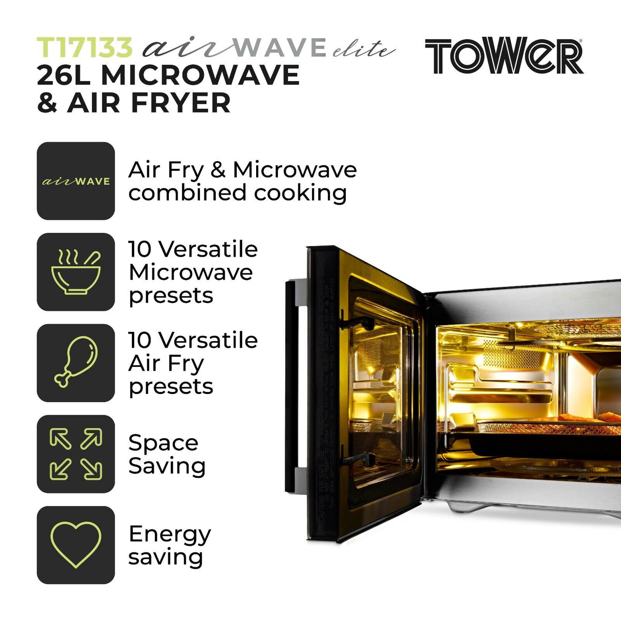 Tower T17133 AirWave Pro Microwave Oven 2-in-1 900W 26L Microwave & 1500W Air Fryer in Black