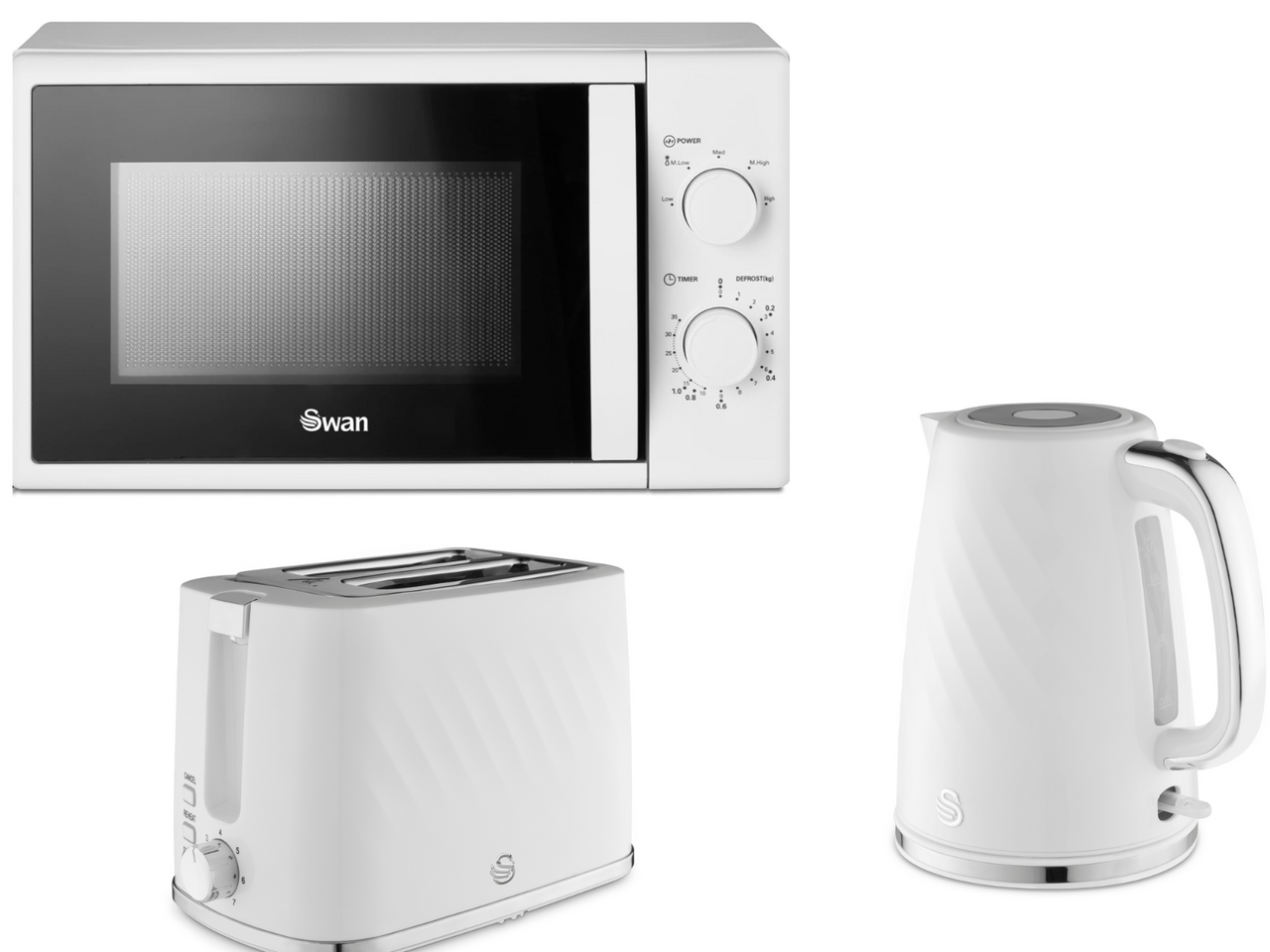 Swan Windsor White 1.7L 3KW Kettle, 2 Slice Toaster & 700W 20L Manual Microwave Matching Set