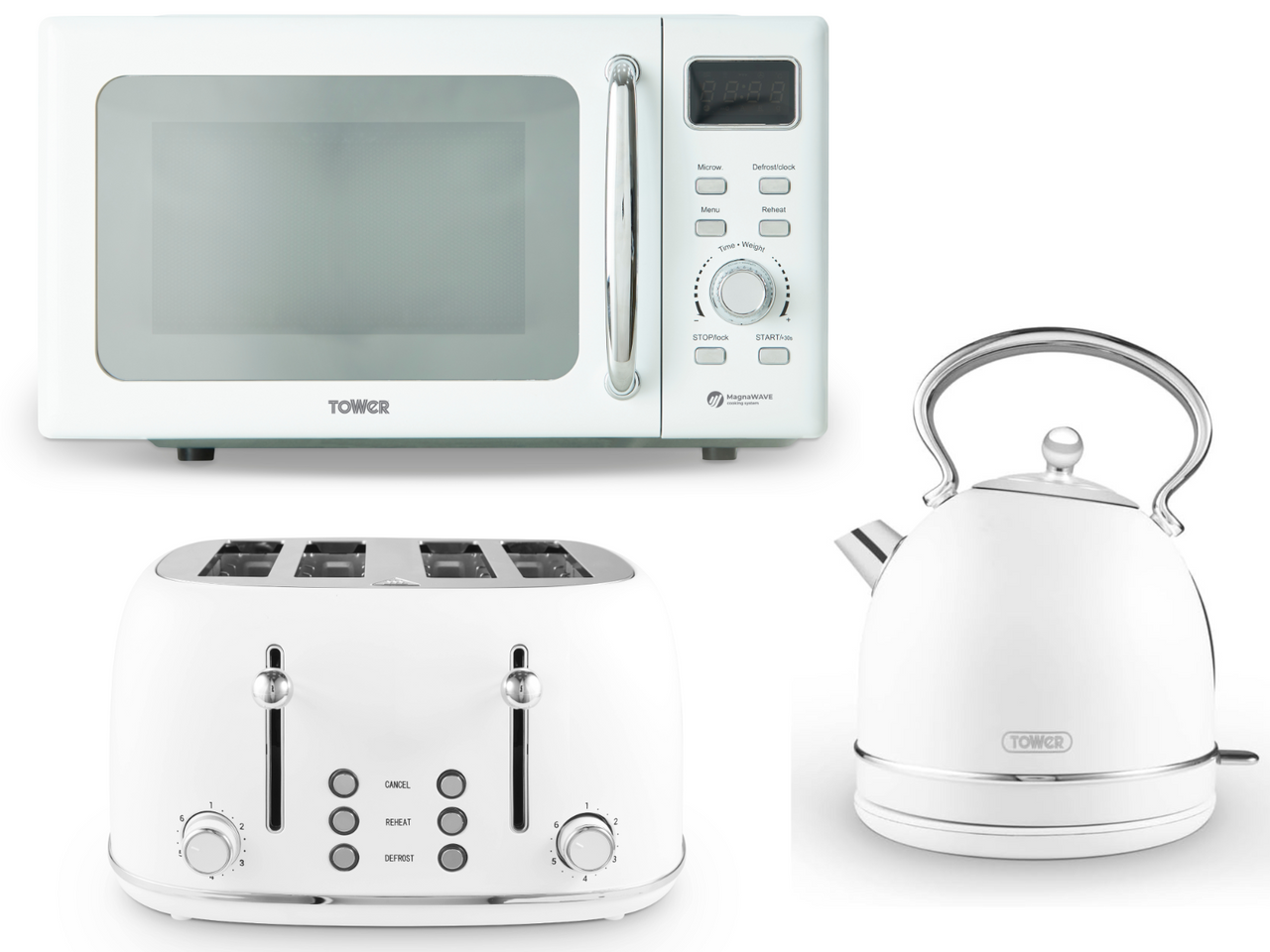 Tower Heritage White 1.7L 3KW Dome Kettle, 4 Slice Toaster & 800W 20L Digital Microwave Kitchen Set