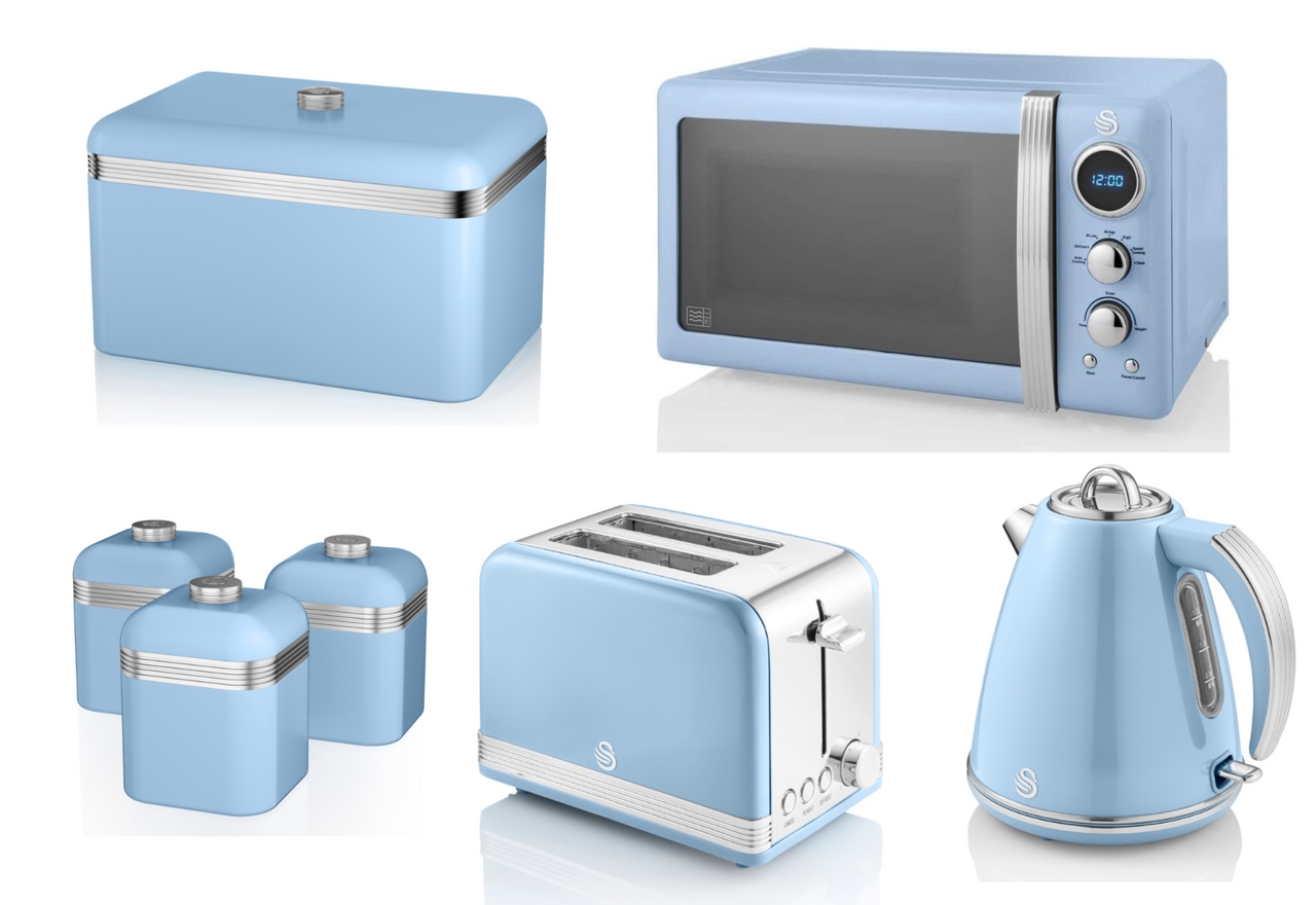 SWAN Retro Blue 1.5L 3KW Jug Kettle, 2 Slice Toaster, 800W 20L Microwave, Bread Bin & Canisters Matching Set