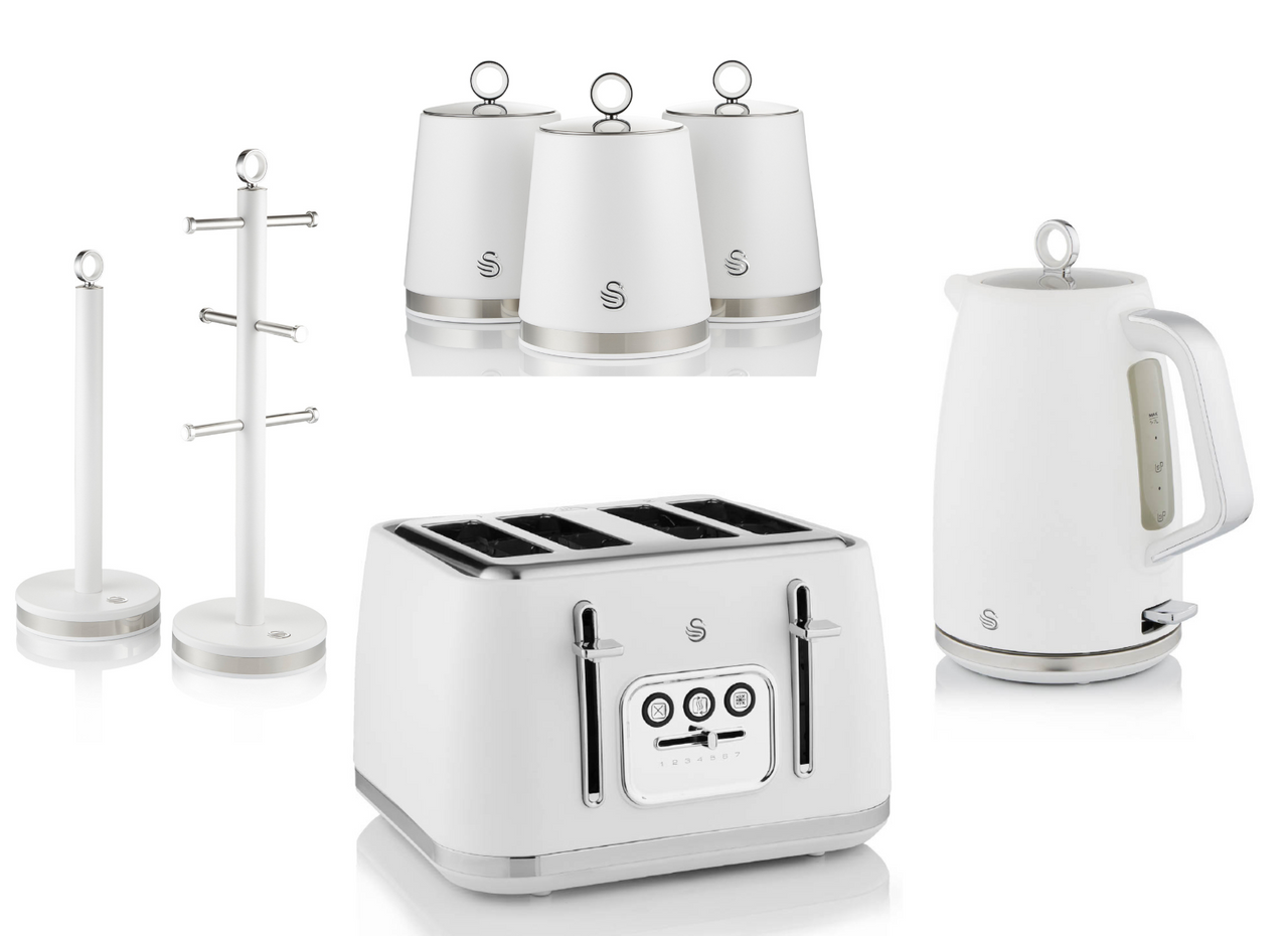 Swan Serenity White 1.7L 3KW Kettle, 4 Slice Toaster, Canisters, Mug Tree & Towel Pole Matching Set