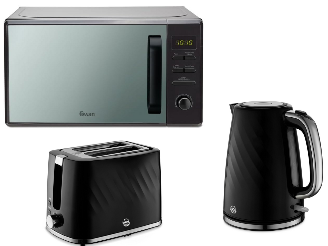 Swan Windsor Black 1.7L 3KW Kettle, 2 Slice Toaster & 800W 20L Digital Microwave Matching Set