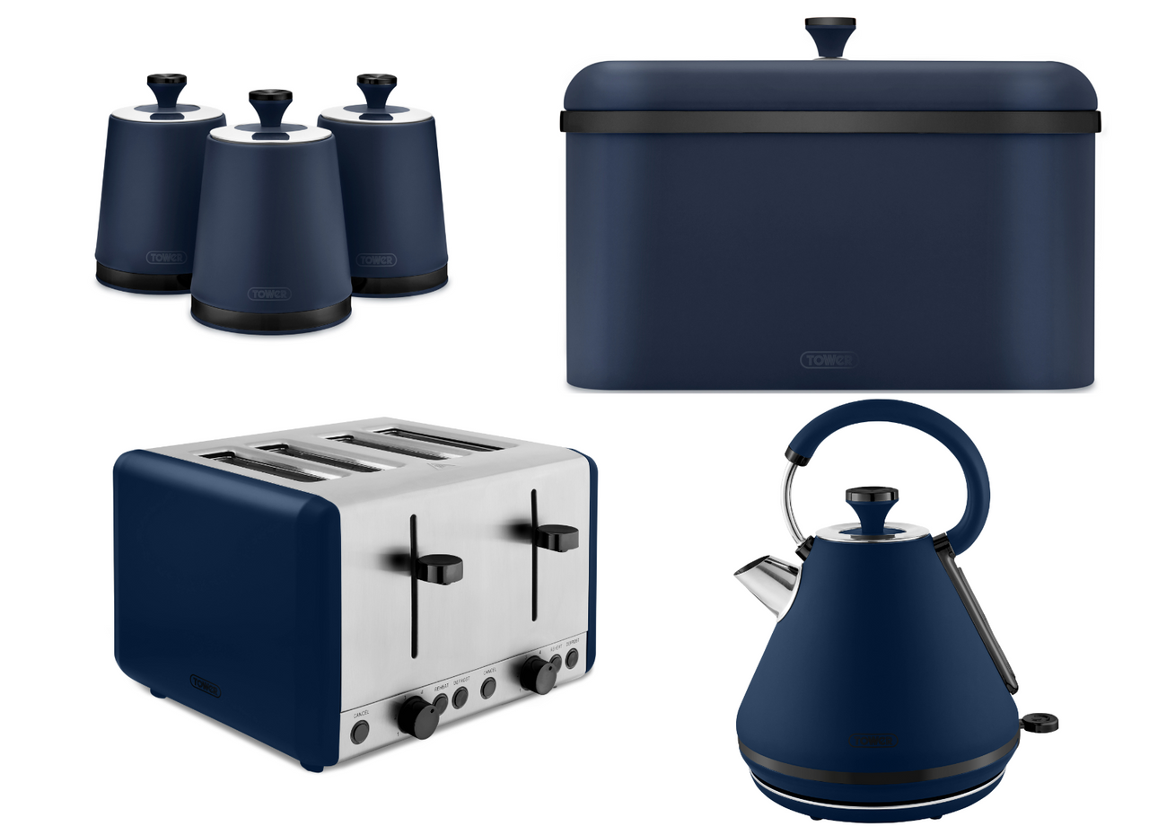 Tower Sera Midnight Blue 1.7L 3KW Kettle, 4 Slice Toaster, Bread Bin & Canisters Matching Kitchen Set